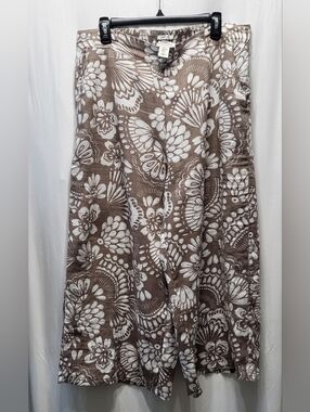 Rachel Zoe Brown and White Floral Linen Pull-On Wide-Leg Pants
